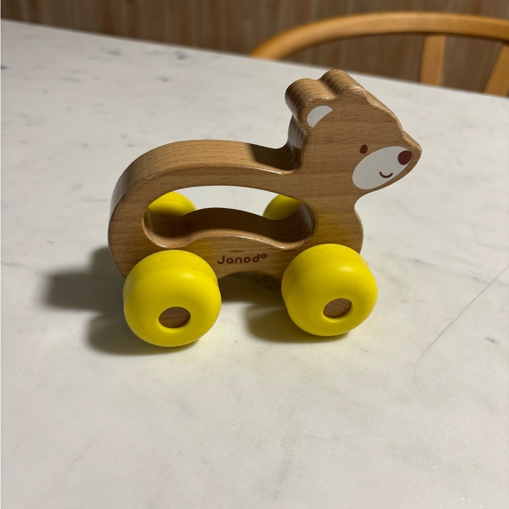Wooden Bear Push Toy with Yellow Wheels